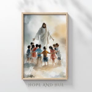 May include: Framed watercolour print featuring a figure in white robes with outstretched arms, surrounded by children in colourful clothing. The text "HOPE AND HUE" is printed at the bottom. The frame is made of light wood.