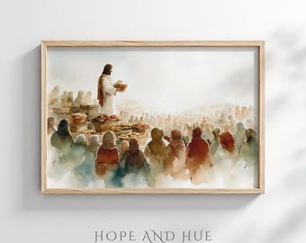 Jesus Feeds the 5000 | Abstract Watercolor Landscape | Jesus Christian Wall Art Digital Download, The Miracle of the Loaves and Fishes