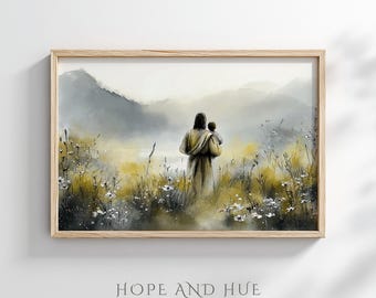 Em Seus Braços — Carregado pelo Pastor, Arte Cristã em Aquarela para Parede, Download Digital, Pintura a Óleo, “Eu sou o bom pastor” — João 10:11