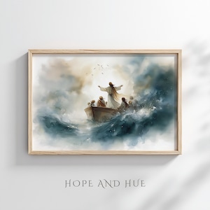 Jesus acalma a tempestade – Arte de parede cristã em aquarela | Download digital da arte de parede cristã de Jesus, Paz, aquiete-se