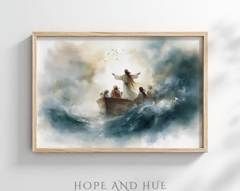 Jesus Calms the Storm – Watercolor Christian Wall Art | Jesus Christian Wall Art Digital Download, Peace Be Still