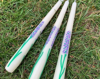 Hand Painted Lavender Sunflower Taper Candles - Floral Botanical Vegan