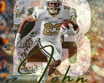 May include: A football player in a white jersey with the number 23, gold accents, and a helmet, holding a brown football. The background features a large number 23, shattered glass effects, and the text John SMITH Senior 2027 in white and green.