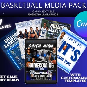 Peut inclure: Un pack média de basket-ball avec 17 modèles. Le design présente des graphiques de basket-ball, notamment des logos d'équipes, des images de joueurs et des informations sur les jours de match. Le pack comprend des modèles personnalisables.