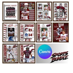 Może przedstawiać: Zestaw cyfrowych szablonów sportowych, prezentujących graczy futbolu amerykańskiego, logo drużyn i grafikę z dnia meczu. Projekty zawierają elementy tekstowe, takie jak "District Champs", "Final Score" i nazwiska graczy, z paletą kolorów bordowego, białego i czarnego.