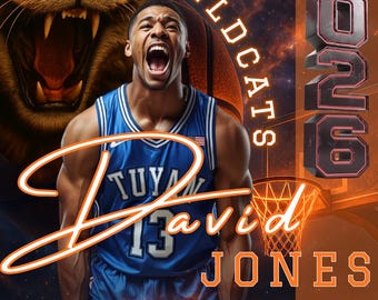 May include: A basketball-themed graphic featuring a player in a blue jersey with the name "David Jones" and the number 13. The image includes the text "Wildcats" and "Senior 2026", with a roaring wildcat in the background.