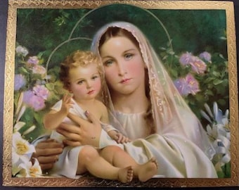 Vintage Madonna and Child Religious Art Print in Gold Background