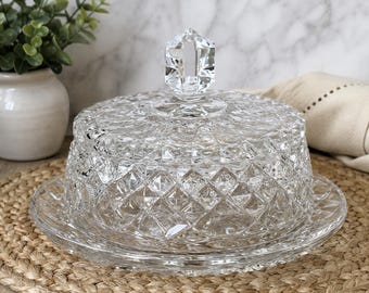 Vintage Pressed Glass Butter Dish with Lid & Underplate – Diamond Pattern Crystal Style