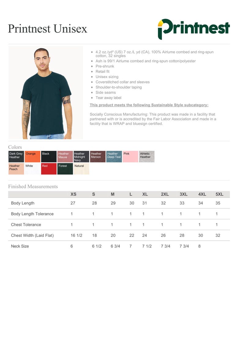 Peut inclure: T-shirt unisexe bleu canard fonc&eacute; avec col rond. L'image comprend un tableau des tailles avec des mesures en cm pour la longueur du corps, la largeur de la poitrine et la taille du cou. Le t-shirt est en coton pr&eacute;-r&eacute;tr&eacute;ci.