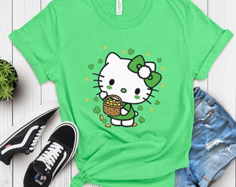 T-shirt Hello Kitty Shamrock pour amoureux des chats en dessin animé de la Saint-Patrick,