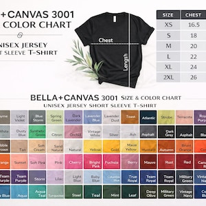 Peut inclure: T-shirt noir unisexe &agrave; manches courtes avec un tableau des tailles et des couleurs. Le tableau indique les mesures de la poitrine et de la longueur en cm pour les tailles XS &agrave; 2XL. Une large gamme de couleurs est affich&eacute;e.