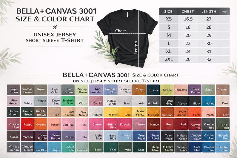 Peut inclure: T-shirt noir unisexe &agrave; manches courtes avec un tableau des tailles et des couleurs. Le tableau indique les mesures de la poitrine et de la longueur en cm pour les tailles XS &agrave; 2XL. Une large gamme de couleurs est affich&eacute;e.