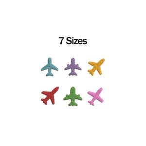 May include: Embroidered airplane patches in various colors: teal, purple, yellow, red, green, and pink. The text "7 Sizes" is above the airplanes. These patches are ideal for travel-themed crafts and apparel.
