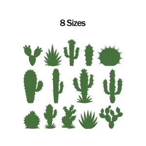 Può includere: Una collezione di quattordici sagome di cactus verdi disposte su tre file, con varie forme e texture. Il testo 8 Sizes è stampato in nero in alto al centro. Ogni icona di cactus mostra una forma botanica distinta e particolare.