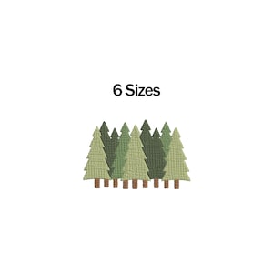 Peut inclure: Un ensemble de découpes d'arbres stylisées vertes et marron. Les arbres sont de différentes nuances de vert et sont disposés en groupe. Le texte "6 Sizes" est au-dessus des arbres.