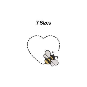 May include: A cartoon bee with yellow and black stripes and white wings flies around a dotted heart shape. The text "7 Sizes" is above the design, all on a white background.