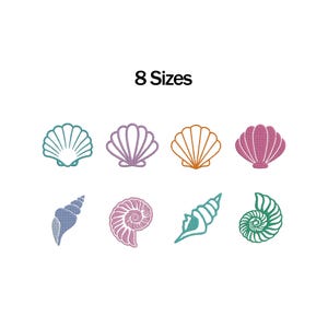 May include: An embroidery design set featuring eight distinct seashell motifs arranged in two rows. The collection includes various shell shapes in teal, purple, orange, and pink thread colours. The text 8 Sizes is displayed above the icons.