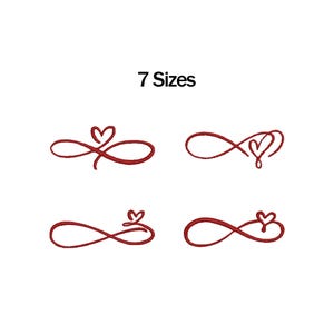 May include: Image features four variations of a red infinity symbol design with heart accents. The text "7 Sizes" is displayed above the designs. The designs are on a white background.