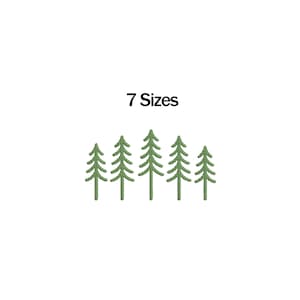 Peut inclure: Un design minimaliste avec une rangée de six pins verts. Le texte "7 Sizes" est au-dessus des arbres. Les arbres sont une représentation simple et stylisée de conifères, sur fond blanc.