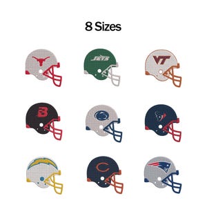 Puede incluir: Una colección de nueve parches bordados de cascos de fútbol americano con varios logotipos de equipos, dispuestos en una cuadrícula. El texto 8 Sizes aparece en la parte superior. Cada casco presenta un esquema de color distinto, incluyendo blanco, verde, negro, azul marino y gris, con máscaras faciales a juego.