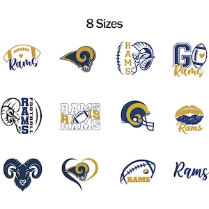 May include: A collection of twelve graphic designs featuring the text 8 Sizes at the top. The graphics include various illustrations of a ram head, a football, a helmet, and lips in navy blue and gold colours, with the word Rams appearing in several.