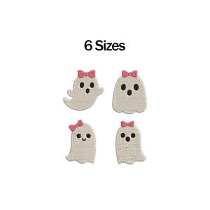 May include: Four embroidered ghost patches in various shapes, each with a pink bow and black eyes. The text "6 Sizes" is above the patches. These patches are perfect for Halloween crafts and apparel.