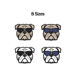 Puede incluir: Cuatro diseños bordados de cabezas de bulldog dispuestos en una cuadrícula, cada uno con gafas de sol. La fila superior muestra bulldogs de color tostado, mientras que la inferior muestra bulldogs blancos. El texto 8 Sizes está centrado.