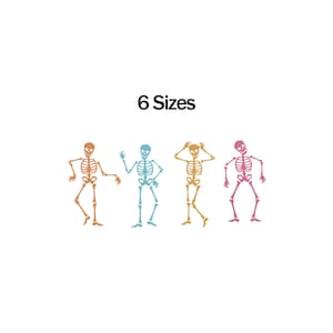 May include: Four colorful skeleton illustrations in orange, blue, yellow, and pink are displayed on a white background. The text "6 Sizes" is above the skeletons. Each skeleton is in a different pose, suggesting movement and fun.