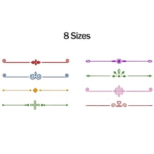 May include: Eight decorative horizontal line dividers arranged in two columns. Each divider features a unique central emblem and curled ends in various colors including red, blue, gold, green, purple, and pink. The text 8 Sizes is centered above.