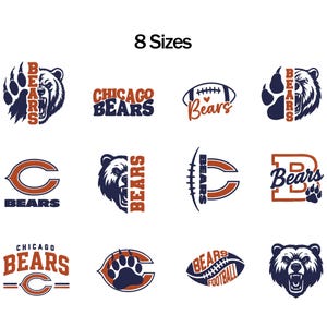 Pode incluir: Uma coleção de doze designs gráficos dos Chicago Bears com esquemas de cores azul-marinho e laranja. Os gráficos incluem cabeças de urso, pegadas, bolas de futebol americano e o texto "Bears" ou "Chicago Bears". No topo diz "8 Sizes".