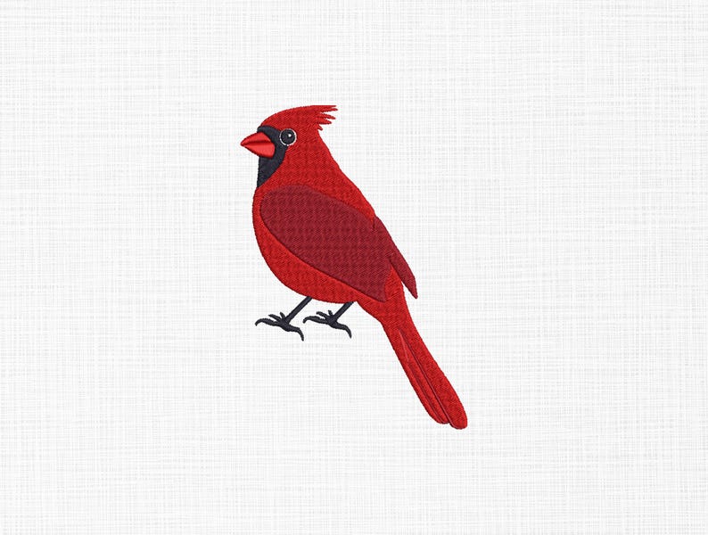 May include: A vibrant red cardinal bird embroidered on a white background. The bird features a black mask, beak, and feet, with a textured body. The cardinal is depicted in a side profile, showcasing its distinctive crest and long tail.