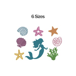 May include: A collection of colorful embroidered designs featuring a mermaid, seashells, starfish, and coral. The image includes the text "6 Sizes". The designs are in shades of blue, pink, yellow, and green, perfect for nautical or ocean-themed projects.