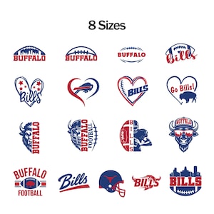 May include: A collection of sixteen graphic designs featuring the text 8 Sizes at the top. The designs include various red, white, and blue illustrations of footballs, hearts, buffalo heads, helmets, and the words Buffalo, Bills, and Go Bills.