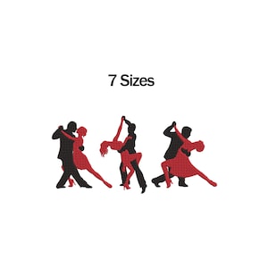 Könnte beinhalten: Gestickte Silhouetten tanzender Paare in Schwarz und Rot. Das Bild enthält den Text "7 Sizes" über den Tänzern. Die Tänzer befinden sich in verschiedenen Posen, was auf ein Tanzthema hindeutet.