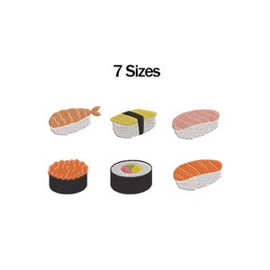 以下が含まれることがあります： エビ、サーモン、寿司ロールなど、さまざまなスタイルの刺繍寿司パッチ。画像には7種類の寿司のデザインが表示されています。「7 Sizes」というテキストが寿司の上に表示されています。