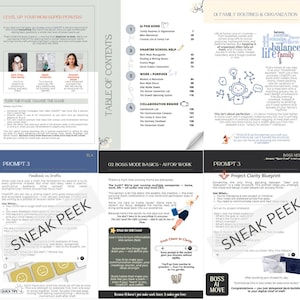 May include: A multi-page document titled "SMART MOM SMART TECH" with sections on reading, writing, and boss mode basics. The document includes a table of contents and prompts. The words "SNEAK PEEK" are visible on some pages. The document also includes the words "balance family".