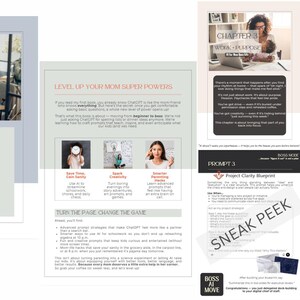 May include: A book cover with the title "Smart Mom, Smart Tech" and the subtitle "ChatGPT for Moms, Level Up! Chapter 3: Work + Purpose." The image also includes pages with text and images about productivity and work-life balance.