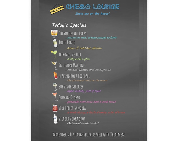 Chemo Cocktails Blanket | Chemo Lounge Menu Throw | Funny Cancer Support Gift