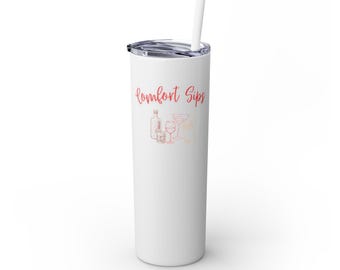 Comfort Sips Skinny Tumbler with Straw - 20oz, Travel Mug for Coffee Lovers, Gift for Friends, Birthday Present, Home Bar