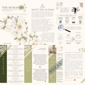 May include: A book cover with the title "The Human OS" and floral accents. The design includes text, graphics, and a section titled "About the Author". The theme is self-improvement and AI.