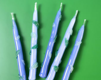 Summer Leaves Birthday Candles (Set of 5) - Blue and Green leaf Candlestick Cake Topper