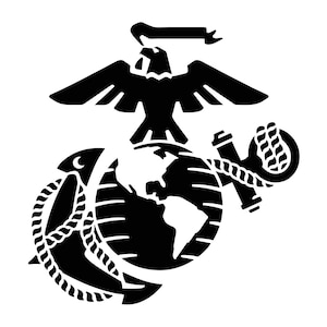 May include: A black and white emblem depicting an eagle above a globe, an anchor, and a rope. The eagle has outstretched wings and holds a banner. This design is a symbol of the United States Marine Corps.