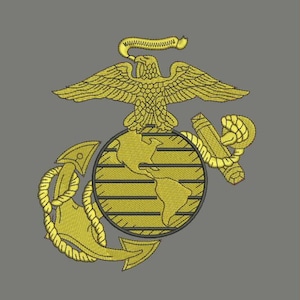 May include: Embroidered gold emblem of the United States Marine Corps on a gray background. The emblem features a golden eagle atop a globe, with an anchor and a banner.