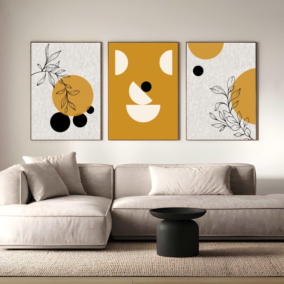 Boho Botanical Posters Mustard Yellow Wall Art Prints , Triptych ...