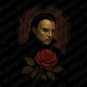 May include: An artistic illustration featuring a man with a half-masked face, a red rose, and a gothic architectural background. The artwork is set against a black backdrop, creating a dramatic contrast.