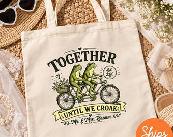 Personalized Newlywed Tote Bag, Funny Frog Couple Wedding Gift, Honeymoon Tote
