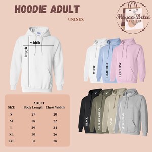 The image is a collage of various adult hoodies in different colors and sizes, along with a size chart and a logo for a clothing brand.