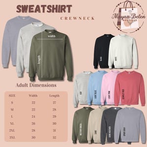 The image is a collage of various sweatshirt designs, each with different sizes and crew neck styles. The image includes a collection of sweatshirts in different colors and crew neck styles, along with size and length measurements for each design.