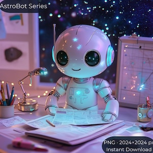 May include: AstroBot Series image of a white robot with large, expressive eyes and a smiling face. The robot is sitting at a desk with papers, a pen, and a small lamp. The image includes the text "PNG • 2024x2024 px • Instant Download."