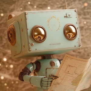 May include: A vintage-style robot with a light blue body and golden eyes is studying a map. The robot has a box-shaped head with a small antenna and is holding the map with its metallic hands. The background is a blurred, neutral tone.